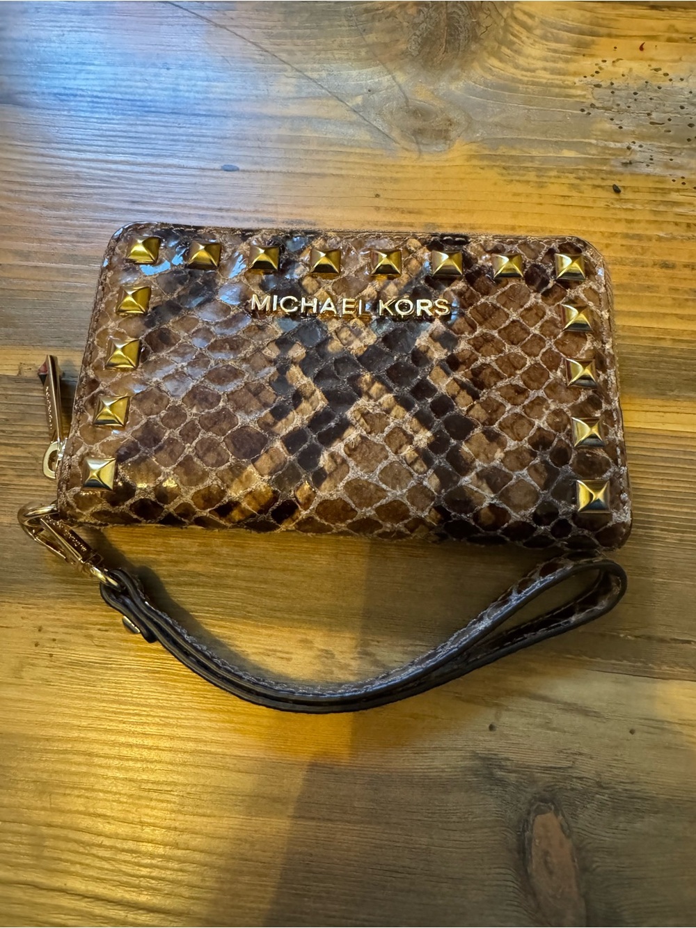 Michael Kors Brown Snake-Print Wristlet with Gold Studs